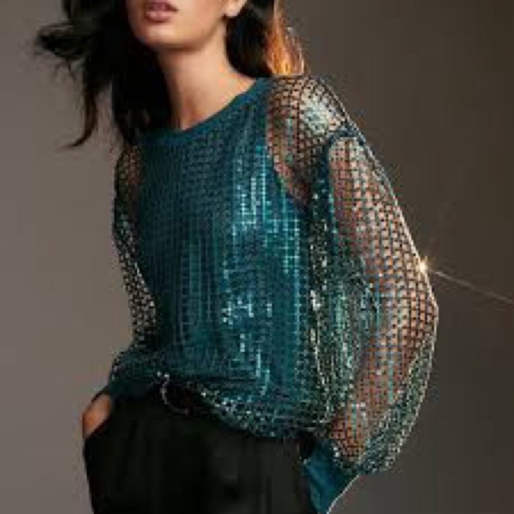 Teal Sequin Mesh Top